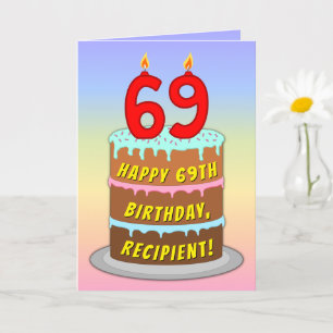 Tarjeta 69º cumpleaños — Torta divertida y velas, con nomb