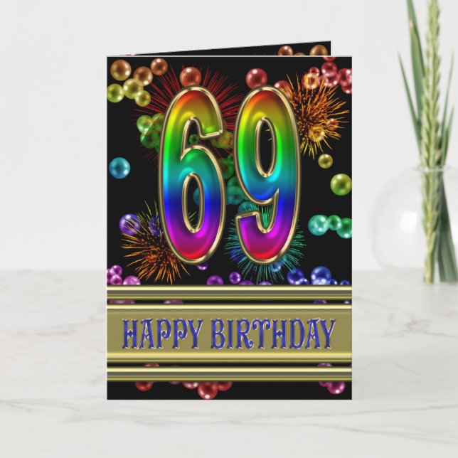 Tarjeta 69.º cumpleaños con burbujas de arcoiris y fuegos  (Anverso)