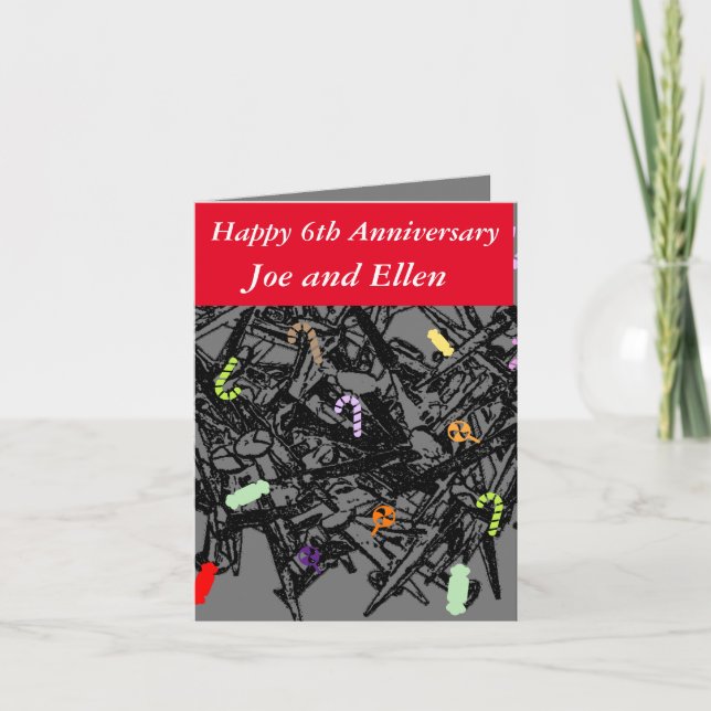 Tarjeta 6.º Aniversario Boda, uñas y caramelos, (Anverso)