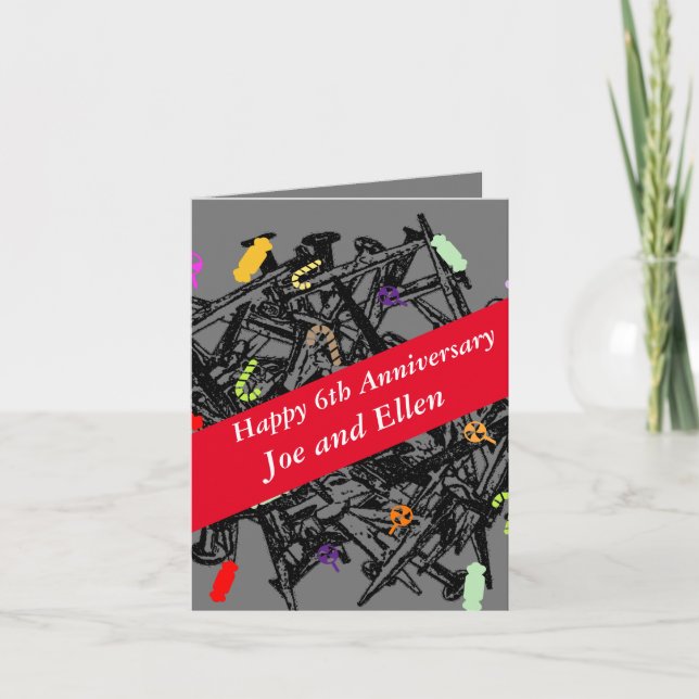 Tarjeta 6.º Aniversario Boda, uñas y caramelos, (Anverso)