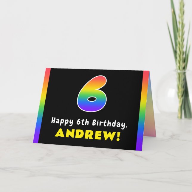 Tarjeta 6.º cumpleaños: arcoiris colorido # 6, nombre pers (Anverso)