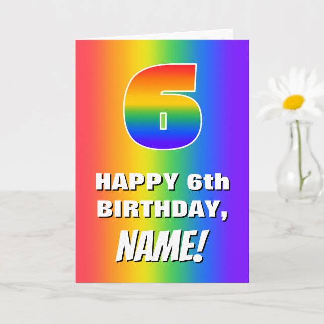 Tarjeta 6.º cumpleaños: Colorido, divertido patrón arcoiri (Planta pequeña)