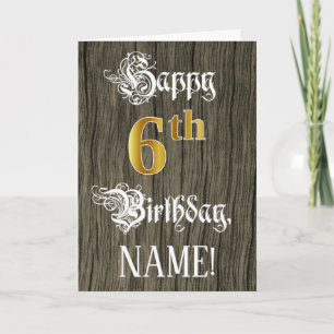 Tarjeta 6.º Cumpleaños: Faux Gold Look + Faux Wood Pattern