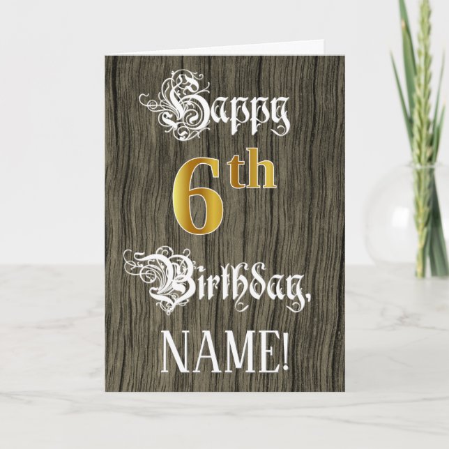 Tarjeta 6.º Cumpleaños: Faux Gold Look + Faux Wood Pattern (Anverso)