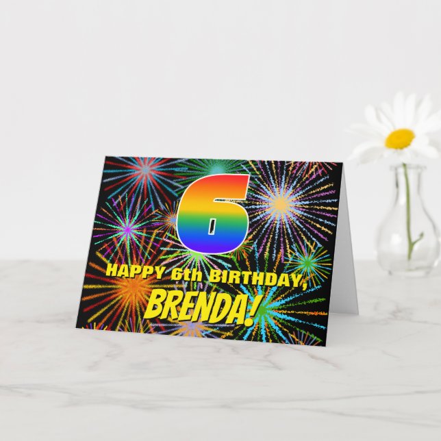 Tarjeta 6.º cumpleaños: Fuegos artificiales divertidos y c (Planta pequeña)