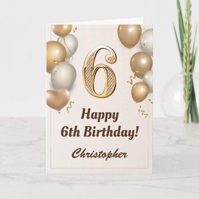 Tarjeta 6.º cumpleaños Globos de oro y cumpleaños de Confe (Anverso)