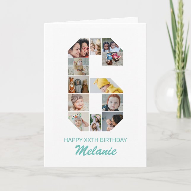 Tarjeta 6.º cumpleaños número 6 Collage de fotos personali (Anverso)