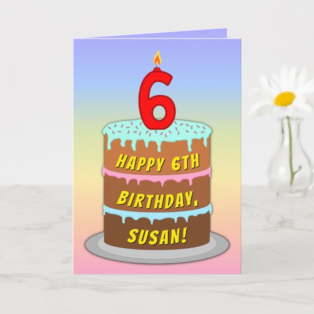 Tarjeta 6.º Cumpleaños — Pastel y Vela Divertidos, Con Nom (Planta pequeña)