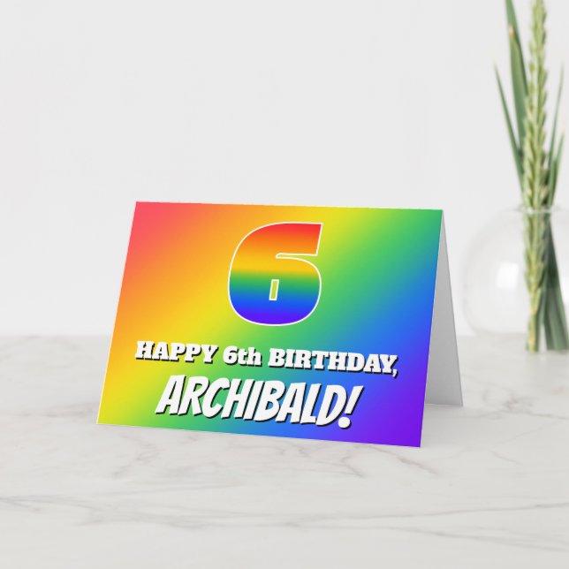 Tarjeta 6.º cumpleaños: Patrón arcoiris multicolor # 6 (Anverso)