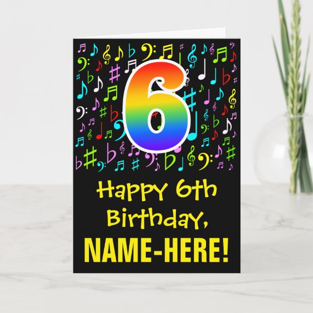 Tarjeta 6.º cumpleaños: Símbolos musicales coloridos + arc (Anverso)