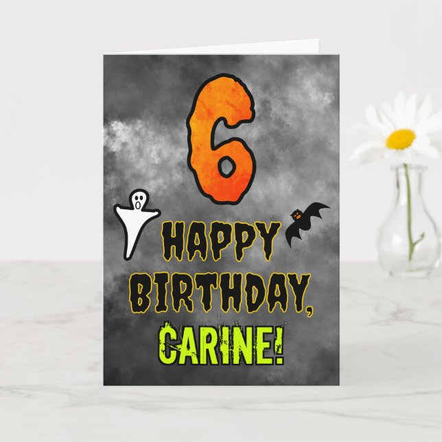 Tarjeta 6.º cumpleaños: Tema de Eerie Halloween + nombre p (Planta pequeña)