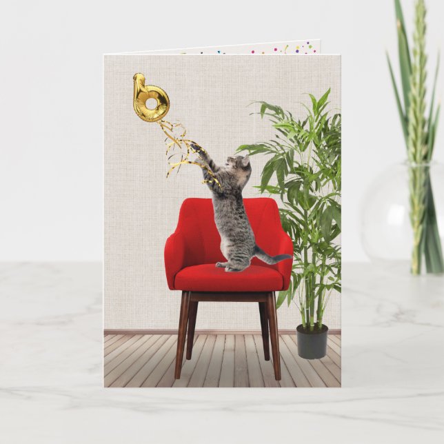 Tarjeta 6.º Globo de Cumpleaños Con Gato De Tabby (Anverso)