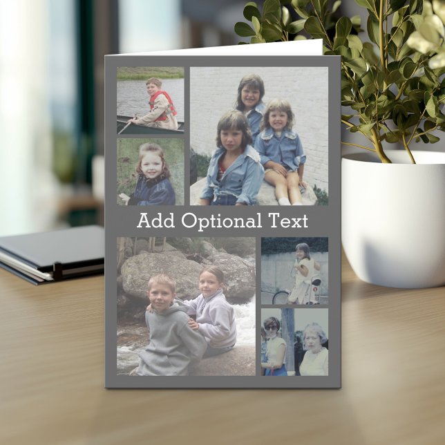 Tarjeta 6 Collage de fotos Texto opcional — CAN Editar gri (Custom Personalized Greeting Card)