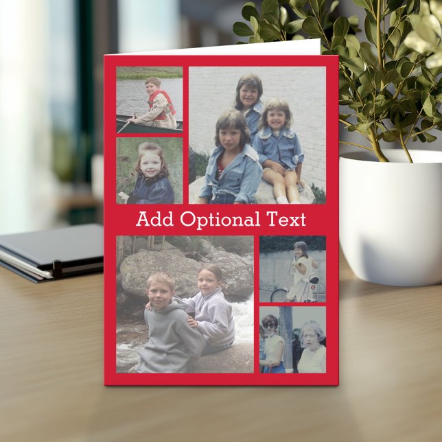 Tarjeta 6 Collage de fotos Texto opcional — CAN Editar roj (Custom Personalized Greeting Card)