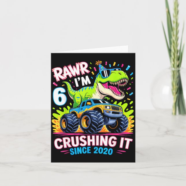 Tarjeta 6nd Birthday Monster Truck Dinosaur Since 2020 Raw (Anverso)