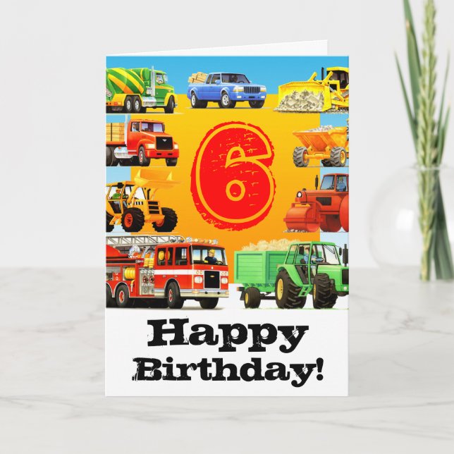 Tarjeta 6ta fiesta de cumpleaños de los camiones grandes (Anverso)