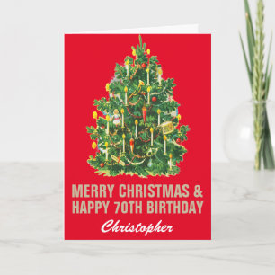 Tarjeta 70.ª Feliz Cumpleaños y Feliz Navidad Rojo y Oro