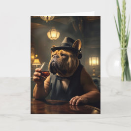 Tarjeta 70.º Bulldog de cumpleaños llevando una bebida