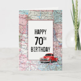 Tarjeta 70.º Camión Retro Rojo de Cumpleaños en Mapa