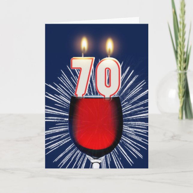 Tarjeta 70.º cumpleaños con vino y velas (Anverso)