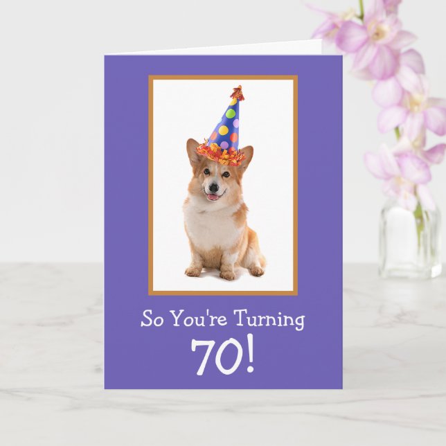 Tarjeta 70.º cumpleaños Corgi (Orquídea)
