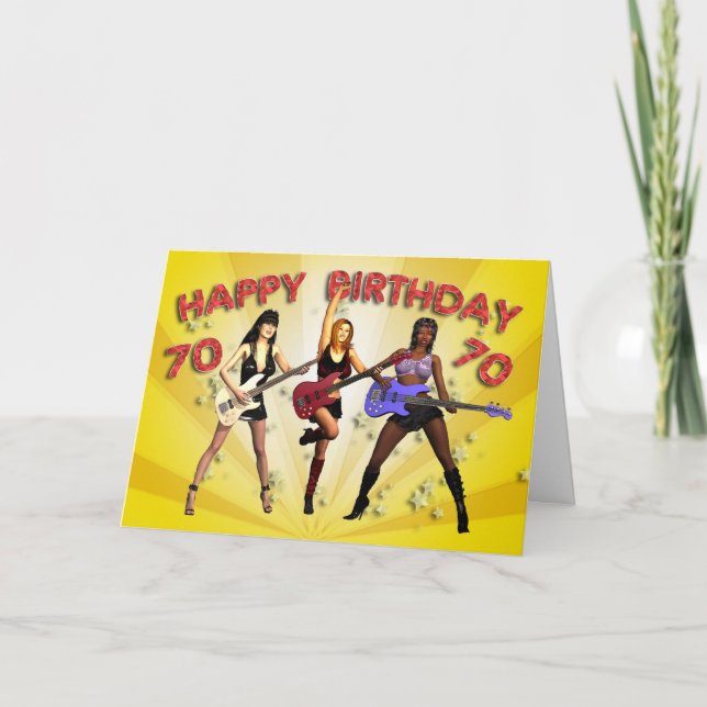 Tarjeta 70.º cumpleaños de Rockin con una banda chica (Anverso)