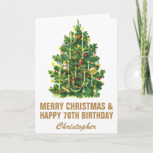 Tarjeta 70.º cumpleaños feliz y árbol navideño