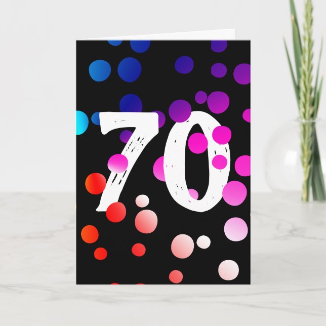 Tarjeta 70.º cumpleaños, puntos arcoiris sobre negro (Anverso)