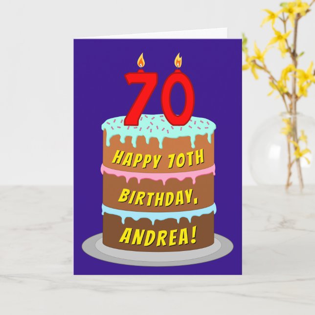 Tarjeta 70.º cumpleaños: Torta divertida y velas + nombre  (flor amarilla)