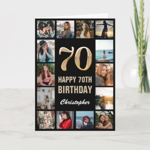 Tarjeta 70.º feliz cumpleaños Collage de fotos negro y oro