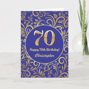 Tarjeta 70.º patrón floral azul y oro de la marina de cump