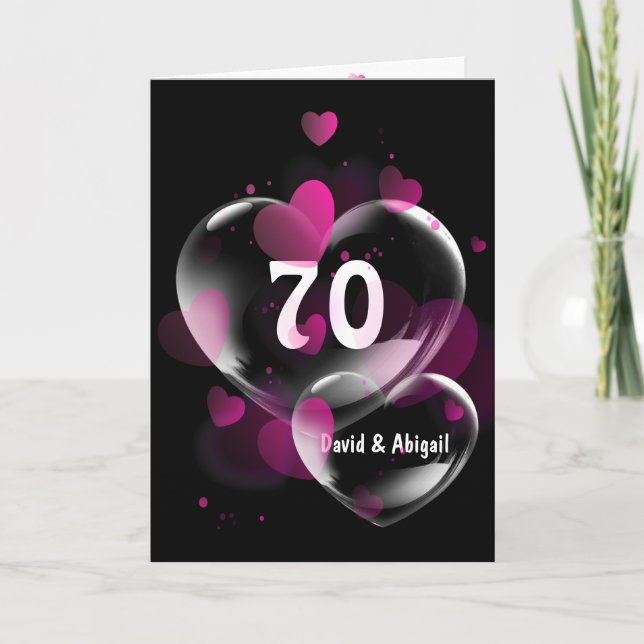 Tarjeta 70° aniversario burbujas de corazón rosado en negr (Anverso)