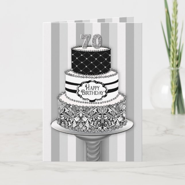 Tarjeta 70.o Cumpleaños, torta negra/blanca de la grada 3 (Anverso)