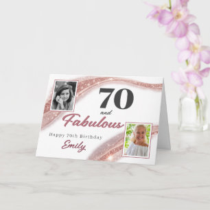 Tarjeta 70 y fabuloso cumpleaños en foto de oro rosa para