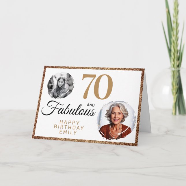 Tarjeta 70 y Fabulous Gold Purpurina 2 Photo 70th Birthday (Anverso)