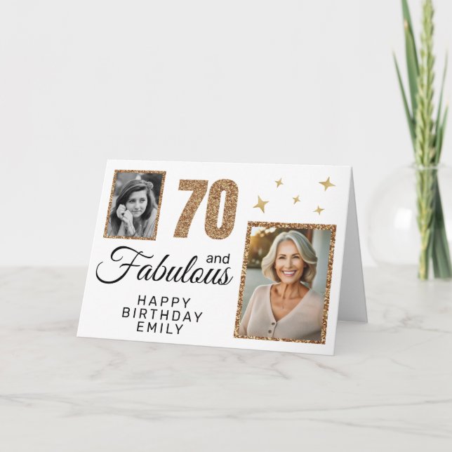 Tarjeta 70 y Fabulous Gold Purpurina 2 Photo 70th Birthday (Anverso)