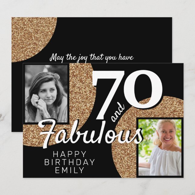 Tarjeta 70 y Fabulous Gold Purpurina 2 Photo 70th Birthday (Anverso / Reverso)