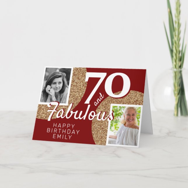 Tarjeta 70 y Fabulous Gold Purpurina 2 Photo 70th Birthday (Anverso)