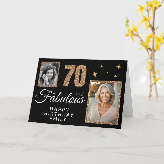 Tarjeta 70 y Fabulous Gold Purpurina 2 Photo 70th Birthday (flor amarilla)