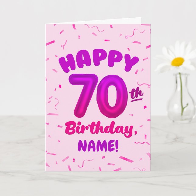 Tarjeta 70th Balloon Number Custom Name Birthday Card (Planta pequeña)