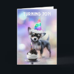 Tarjeta 70th Birthday Cute Pup Chihuahua Pup with Party<br><div class="desc">70th birthday card that is so cute and has a fun message too! A little dog with a cupcake and hat and you can change the cover text too.</div>