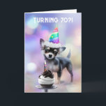 Tarjeta 70th Birthday Cute Pup Chihuahua Pup with Party<br><div class="desc">70th birthday card that is so cute and has a fun message too! A little dog with a cupcake and hat and you can change the cover text too.</div>