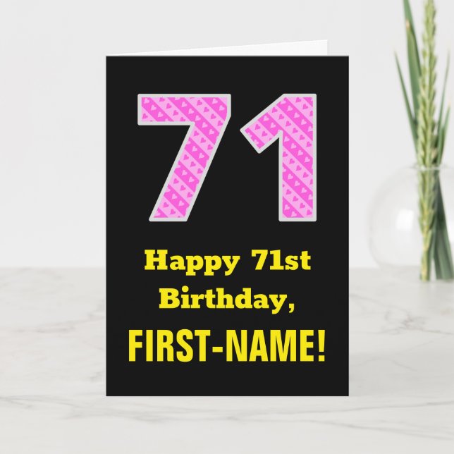 Tarjeta 71 Aniversario: Bandas y corazones rosados "71" +  (Anverso)