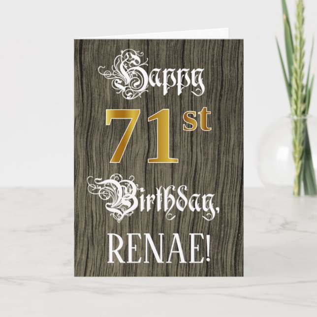 Tarjeta 71 Aniversario: Faux Gold Look + Faux Wood Pattern (Anverso)