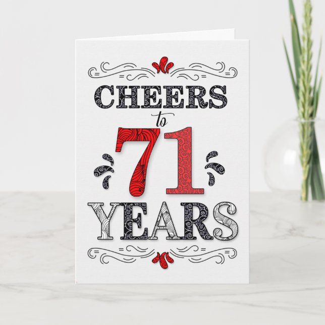 Tarjeta 71 años de alegría en el patrón negro blanco rojo (Anverso)