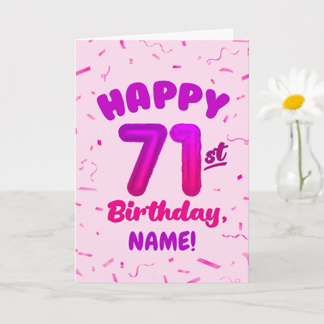 Tarjeta 71st Birthday, Balloon Number, Customizable Name (Planta pequeña)