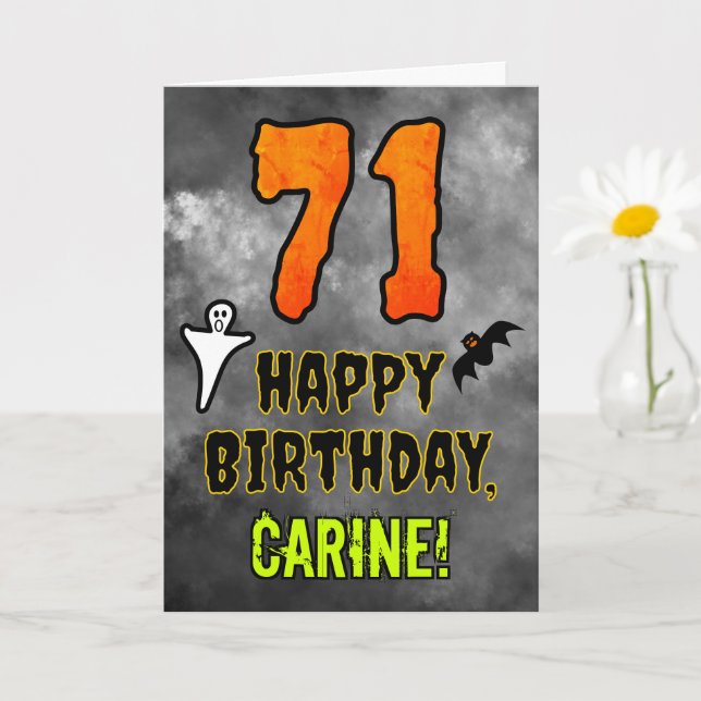 Tarjeta 71st Birthday: Eerie Halloween Theme + Custom Name (Planta pequeña)