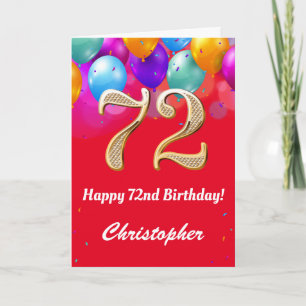 Tarjeta 72.º cumpleaños Globos de color rojo y oro