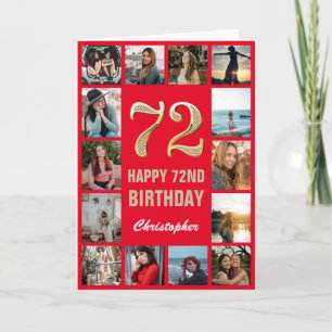 Tarjeta 72.º feliz cumpleaños Collage de fotos rojo y oro