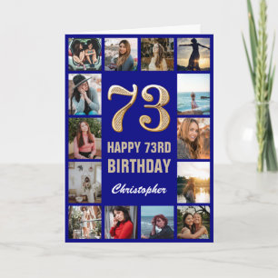 Tarjeta 73.ª feliz cumpleaños Collage de fotos azul y oro 